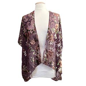 Floral Sheer Burnout‎ Velvet Purple Open Front Kimono Cardigan By Lulla OSFM